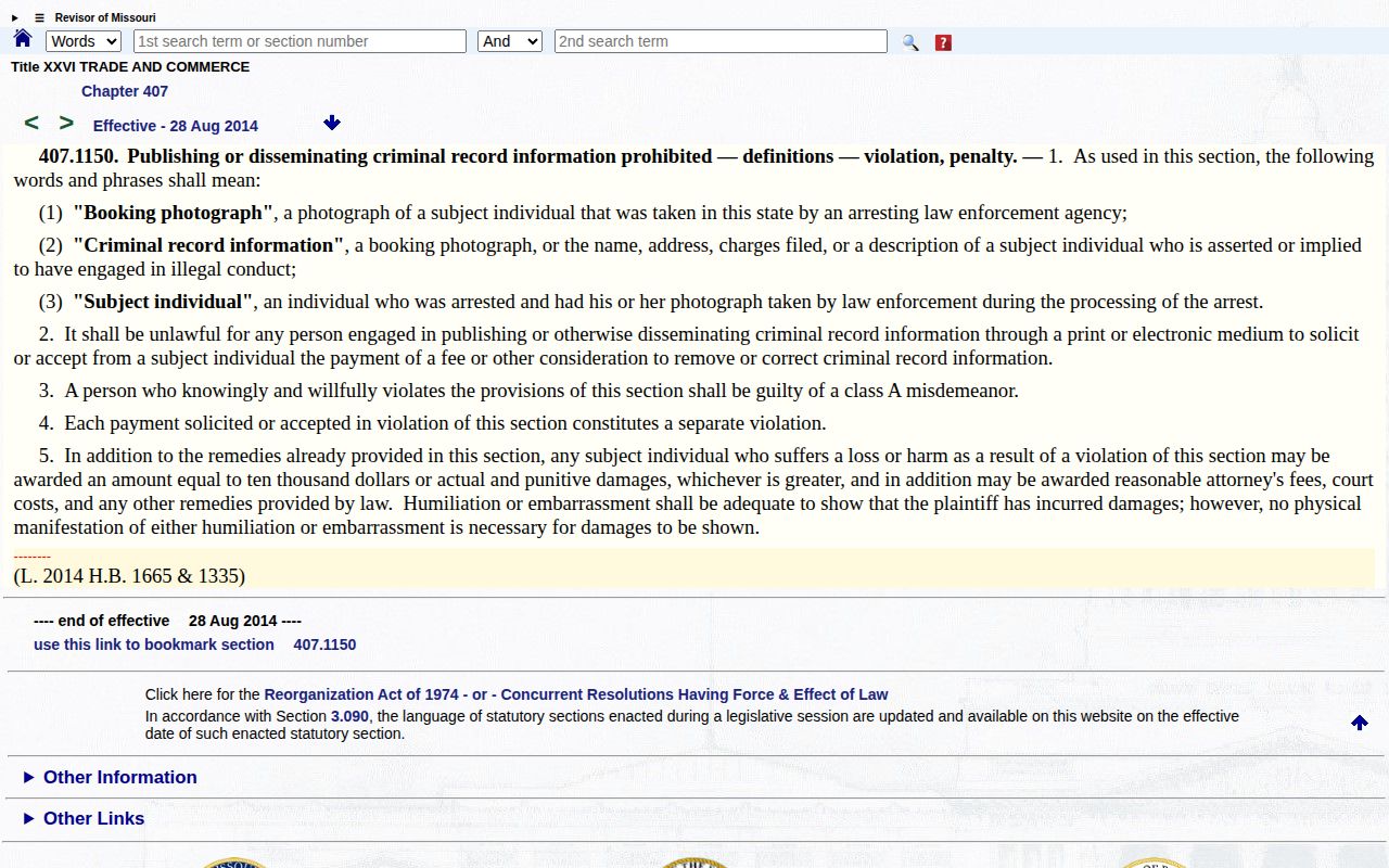 Mercer County booking-record law page for Missouri RSMo 407.1150